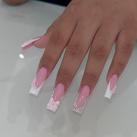 24 Pcs Spring Press On Nails Long Square,YEFIUO 3D Rhinestones Glitter Pink Bow Flower Nail Charms French Nail Art Tips Acrylic Nail Kit Fake Nails Press ons Glue on Nails Full Cover False Nails Women