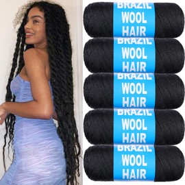 Samtress Brazilian Wool Hair 5 Pcs Natural Black Acrylic Yarn for African Crochet Braids Synthetic Jumbo Braids Box Braids Faux Locs Knitting Hair Extensions for Women (#1B)