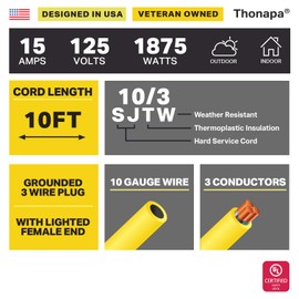 Thonapa 10 Gauge Extension Cord 10 ft, Weatherproof Heavy Duty Outdoor Extension Cord Ten AWG, SJTW 3 Prong Lighted Plug 10/3 Yellow Cable 15 Amp, Great for Major Appliances & Garden Tools