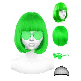 NSODREEM Green Wig and Party Sunglasses, Neon Short Bob Wig, Wigs for Women - Bachelorette St patricks Day Party Wigs Decorations Favors(Green)
