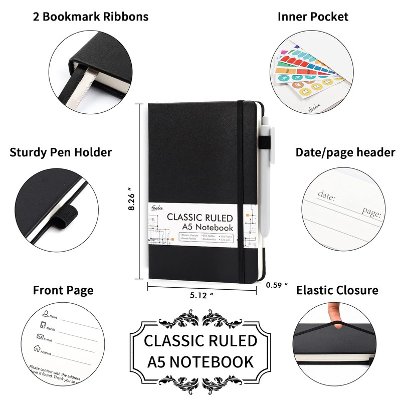 5 Pack Journal Notebook Bulk for School, Feela Hardcover Business