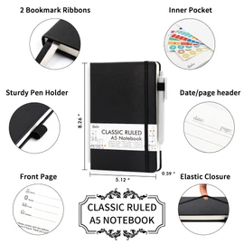 5 Pack Journal Notebook Bulk for School, Feela Hardcover Business Notebooks Classic Ruled Lined Journals with Pen Holder for Work Note Taking, with 5 Black Pens, 120 GSM, 5.1”x8.3”, A5, Black