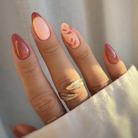 MERVF Almond Press on Nails Medium Fall Fake Nails Burgundy French Tip Stiletto Acrylic Nails Press ons with Leaf Design Gold Glitter Glue on Nails 24pcs Glossy