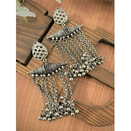 Statement Ethnic Indian Silver Antique Boho Boho Tassel Bells Dangle Jhumka Earring Jewelry, LONG, Metal, No Gemstone
