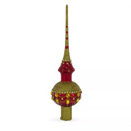 BESTPYSANKY Jeweled Gold on Red Glass Christmas Tree Topper 11 Inches