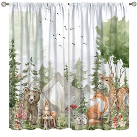 AAVEUP Rustic Nursery Woodland Animals Curtains,Cartoon Cute Wildlife Country Safari Bear Deer Plant Windows Treatments Rod Pocket Drapes for Baby Kids Living Room Bedroom 42x45in（No Blackout）
