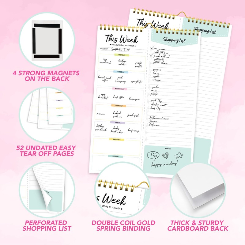 Decorably Meal Planner Pad with Shopping List Minimalist - 52