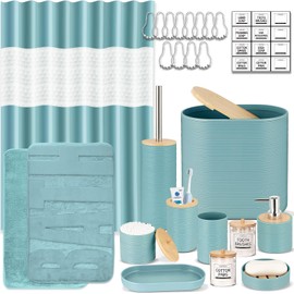 IMAVO Blue Bathroom Set,26Pcs Bathroom Accessories Set with PVC Shower Curtain,Rugs,Trash Can,Tray,Soap Dispenser,Soap Dish,Toothbrush Holder,Toothbrush Cup,Toilet Brush Holder and Qtip Holders