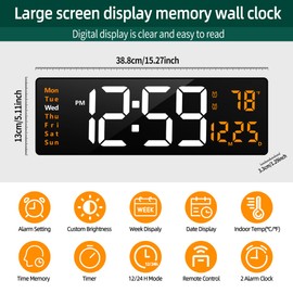 LEIKE 16" Large Digital Wall Clock Timer,Remote Control,2 Alarms, LED Display,Auto DST,Temperature Modern Night Light Clock for Living Room,Bedroom,Desk,Mounted Decor(Black,White Orange LED)