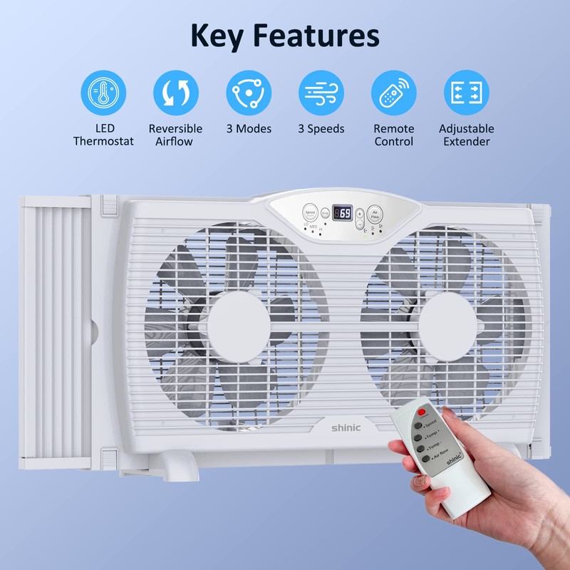shinic Twin Window Fan with Reversible Airflow, Thermostat Controlled, 3