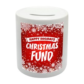 BS032 HAPPY HOLIDAYS CHRISTMAS FUND Novelty Gift Printed Ceramic Piggy Bank Money Saving Box