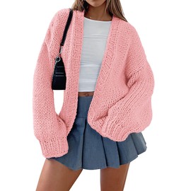 PRETTYGARDEN Cardigan Sweaters for Women Trendy Fall Fashion 2025 Long Sleeve Chunky Knit Cardigans Winter Clothing Outfits (Pink,X-Large)