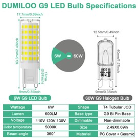 G9 LED Bulb 6W,60W Halogen Equivalent,5000K Daylight White,High Brightness 600LM, AC120V T4 G9 Bulbs with Long Lifespan for Chandeliers Home Lighting,G9 Bi-Pin Ceramic Base,Non-Dimmable,6 Pack