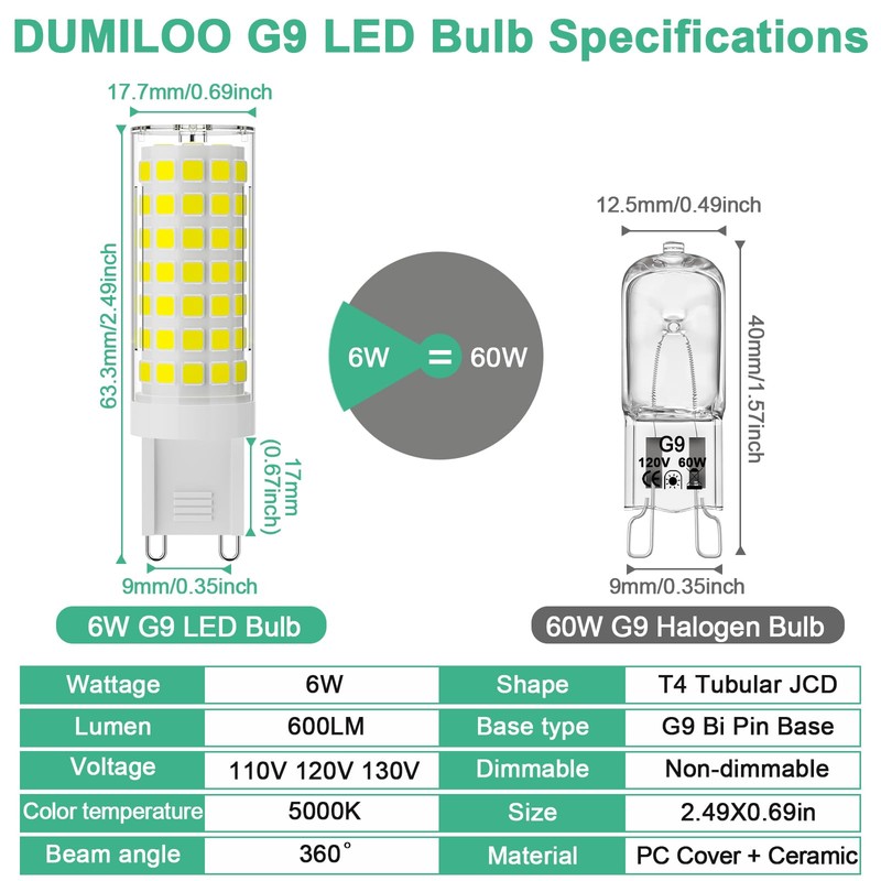 G9 LED Bulb 6W,60W Halogen Equivalent,5000K Daylight White,High Brightness 600LM,