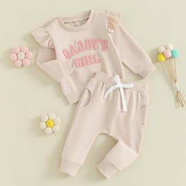 Carolilly Newborn Baby Girl Outfits 2Pcs Outfits Clothing Set Daddy's Girl Fuzzy Letter Embroidery Ruffle Long Sleeve Sweatshirt + Pants Elastic Waist Set Toddler Clothes (Beige, 0-6 Months)