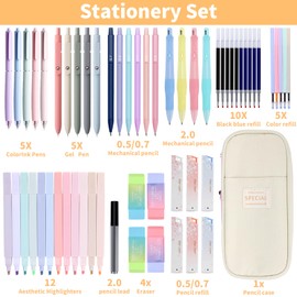 YOPCDJ 59 PCS Aesthetic School Supplies With Large Pencil Case, 10 Pencils 0.5 & 0.7 & 2.0mm, 5 Colored Gel Pens, 12 Pastel Highlighters, 5 Black Gel Pens for Writing, Drawing, Drafting