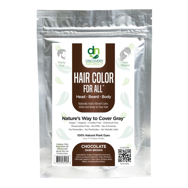 Discovery Naturals - Chocolate Dark Brown Natural Henna Hair Color For Men & Women, 100% Natural & Chemical-Free Dye for Hair & Beard, Easy To Use & Blends Well In Hair