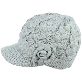 Womens Winter Elegant Cable Flower Knitted Newsboy Cabbie Cap Beret Beanie Hat with Visor, Warm Plush Fleece Lined
