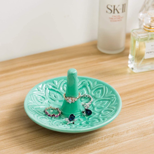 MyGift Decorative Embossed Heart Design Turquoise Ceramic Jewelry/Ring Dish