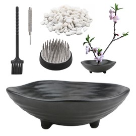 CRAFFANCY Flower Pot, Irregular Mini Ceramic Flower Pot with 1.8 Inch Frog and White Decorative Stone Beads, Black Flower Vase for Ikebana Flower Arrangements