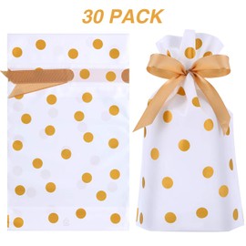 30 Packs Treat Bags with Drawstring Candy Bags, Plastic Favor Bag Drawstring Cookie Bags for Christmas Wedding Party Birthday Engagement Holiday Favor (Gold Polka Dot Print)