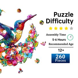Jigfoxy Wooden Puzzles for Adults, Hummingbird and Flowers Wood Puzzles Adult, Unique Animal Shape Wooden Jigsaw Puzzles, for Puzzles Lovers Family Friend (L-13.4 * 12.4in-260pcs)