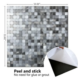 XUANINY 10-Sheet Peel and Stick Backsplash Tiles Black Surface Aluminum Mosaic Sticker for Kitchen (11.41"x11.41" Per Sheet, Pack of 10pcs) (10 Silver Gray)