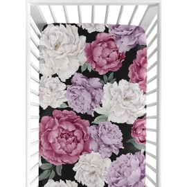 Sweet Jojo Designs Fitted Baby Crib Sheets (Shabby Chic Boho Floral) for Girls, Infant Nursery, Toddler Room - Standard Size (Black, Purple and Pink, Vintage, Flower, Watercolor, Bohemian, Farmhouse)