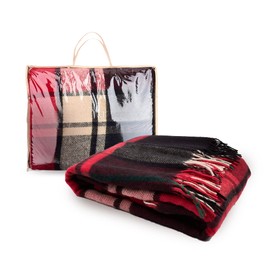 Cozy Blankets - New Zealand Virgin Wool Throw Blanket, Indoor and Outdoor Blankets and Throws, Comfortable Soft Blanket with Fringes and Tartan Pattern, 55 x 79 in, Twin Size, Red and Black