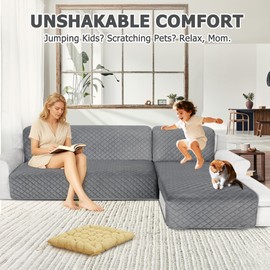 HDCAXKJ Waterproof Sectional Couch Covers Velvet Quilted 2-Pieces L Shape Sofa Cover Washable Thick Non Slip Sectional Slipcovers with Chaise Furniture Protector for Dogs Pets (Dark Gray, X-Large)