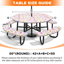 Round Outdoor Ttable Cloth with Umbrella Hole, BBQ Table Covers Picnic Afternoon Tea Tablecloths, with 4 Bench Cover Set Covers with Elastic Fits to 42"-50" Patio Tables(Wildflower Wind Style)