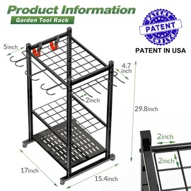 Garden Tool Organizer Rack Up to 50 Tools, Heavy-Duty Steel Yard Tool Organizer for Garage Storage with 11 Hooks, Broom Holder & Garden Tool Rack for Shed, Patio, Outdoor Use, Black