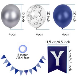 Happy Birthday bunting Banner balloons, Navy blue Happy Birthday Bunting Banners, 12 inch Navy blue and silver Happy Birthday Balloons Perfect for Birthday Party Decorations