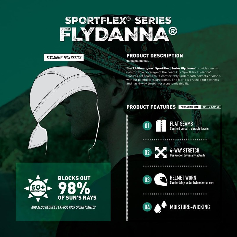 ZANheadgear Flydanna SportFlex Helmet Inner Cap Bandana Cap Beanie Skull,