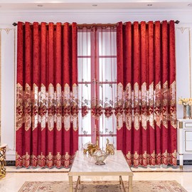ELKCA European Style Festival Burgundy Red Embroidered Chenille Curtain for Living Room Luxury Chenille Floral Curtains for Bedroom,Grommet Top,W52inch by L96inch,2 Panels