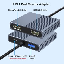 USB C to HDMI and DisplayPort Adapter, 4K @60Hz Dual Monitor Adapter for Dell/HP/Mac Laptops, USB Type C to Display Port and HDMI Multiport with USB3.0/PD, USB C Hub, Docking Station Dual Monitor