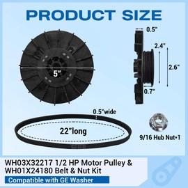 WH03X32217 Washer 1/2 HP Motor Pulley and Nut with WH01X24180 Belt Compatible with GE, Replacement for WH07X24182 WH49X25377 4975025 AP7018598 PS16554753 EAP16554753