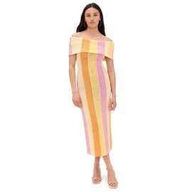 endless rose Women's Off Shoulder Sleeveless Midi Dress, Sunrise, Stripe, Yellow, S