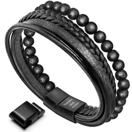 murtoo Men's Leather Bracelet, Natural Stone Braided Bracelet Made of Black Onyx, Wonderful Gift for Men, Stainless Steel