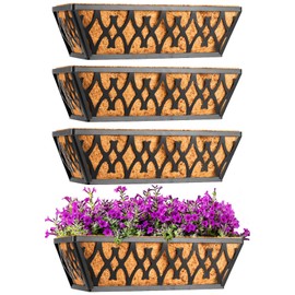Karlliu 4 Pack 12 Inch Window Boxes Planters Railing Planter Box with Coco Liners Deck Railing Planter Boxes Balcony Hanging Flower Box for Outdoor Plants Garden Decor