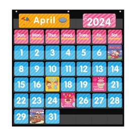 ANSTROUT Large 44 Pockets Calendar Pocket Chart for Classroom with 85 Cards, Size:25” X 24” Monthly Calendar and Weather Black Pocket Chart for Kids Learning for Home or School (44 Pockets)