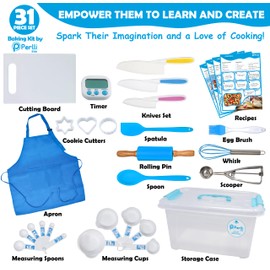 PERLLI Kids Real Cooking Set for Cooking and Baking – 31 Pc. Gift Set for Junior Chef with Real Utensils, Case & Safe Kids Knife Set for Boys & Girls – Fine Motor Skills & Fun for Kids Ages 6+, Blue