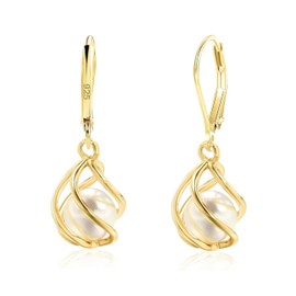 Auiremrti 18 Carat Gold Plated Cage Pearl Drop Earrings for Women, Lightweight Leverback Earrings, Minimalist Jewellery, Gift for Her