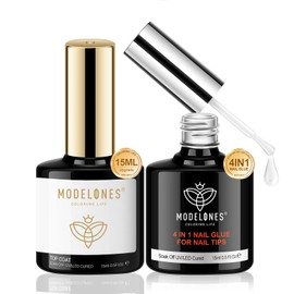 modelones Top Coat and Nail Glue 4 in 1 Set, 2 x 15 ml No Wipe Top Coat, Nail Glue Base Gel Base Coat, Nail Glue for Artificial Nails, Suitable for Fake Nail Tips Glue, Manicure Salon DIY