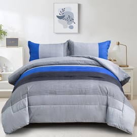 WONGS BEDDING Blue Stripe Comforter Set Full Reversible Grey Blue Patchwork Bedding Comforter Set for Full Bed, 3 Pieces (1 Comforter+2 Pillowcase), Soft Microfiber Filling Duvet Set 78"×90"