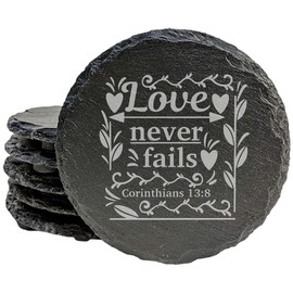 Faith and Hope: Laser Etched Enduring Love: Corinthians 13:8 Coasters with Flowers - Round Slate - set of 8