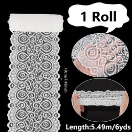 NBEADS 6 Yards Stretch Sewing Lace Trim Fabric, 19 cm Wide Elastic Lace Ribbon, Floral Edge Lace Trim for Bridal Wedding Decorations, Sewing, DIY, Making, Crafts, White