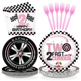Grencian 96Pcs Two Fast 2 Curious Birthday Party Supplies Pink Race Car 2nd Party Plates and Napkins Checkered Flag Tableware for Kids Girls Racing Car 2 Year Old Birthday Decorations Serves 24