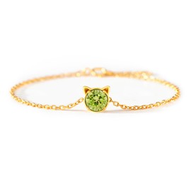 STORYJEWELLERY Sterling Silver Cat Bracelets for Women, 18K Gold Plated August Birthstone Bracelets for Women, Dainty Cute Charm Bracelet, Graduation and Birthday Gifts for Her