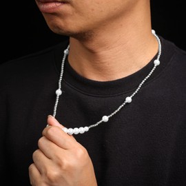 Halukakah Half Pearl Half Chain Necklace for Men - ICE PEARL - Stylish and Masculine Design with Genuine Pearls and Platinum White Gold Plated Bead Chain - Perfect for Special Occasions or Casual Wear
